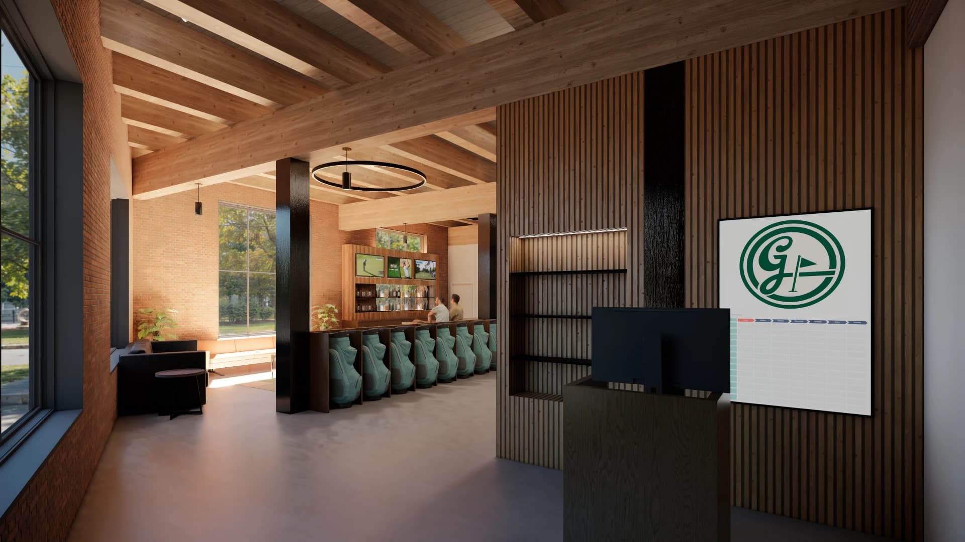 Warm wood and brick interior at Greenside Golf Club