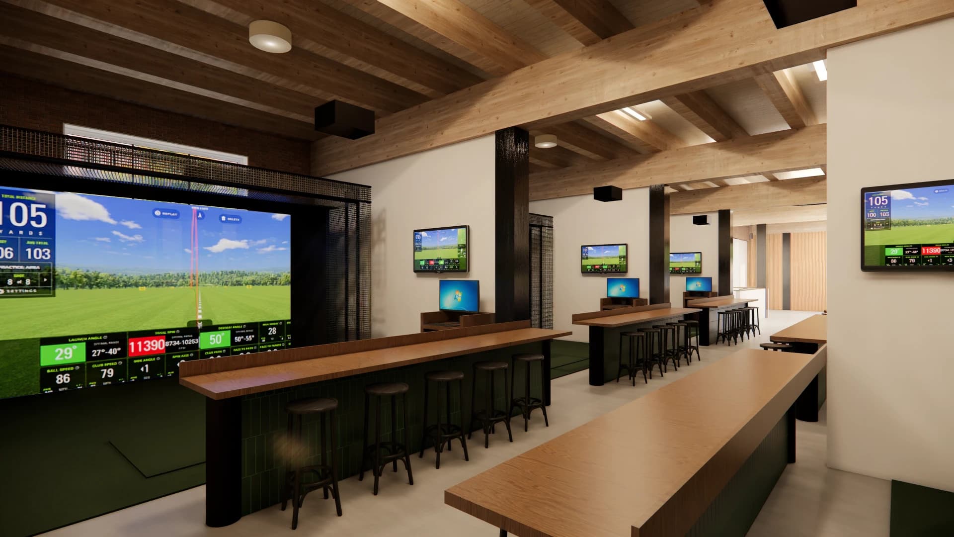 Greenside Golf Club simulator bays and gathering space